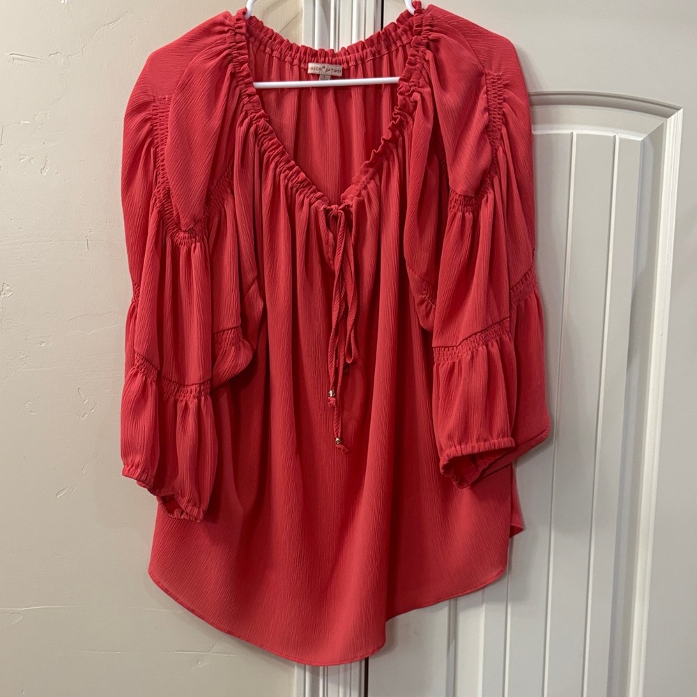 Gibson Latimer Coral Red Peasant Blouse with Tie Neck